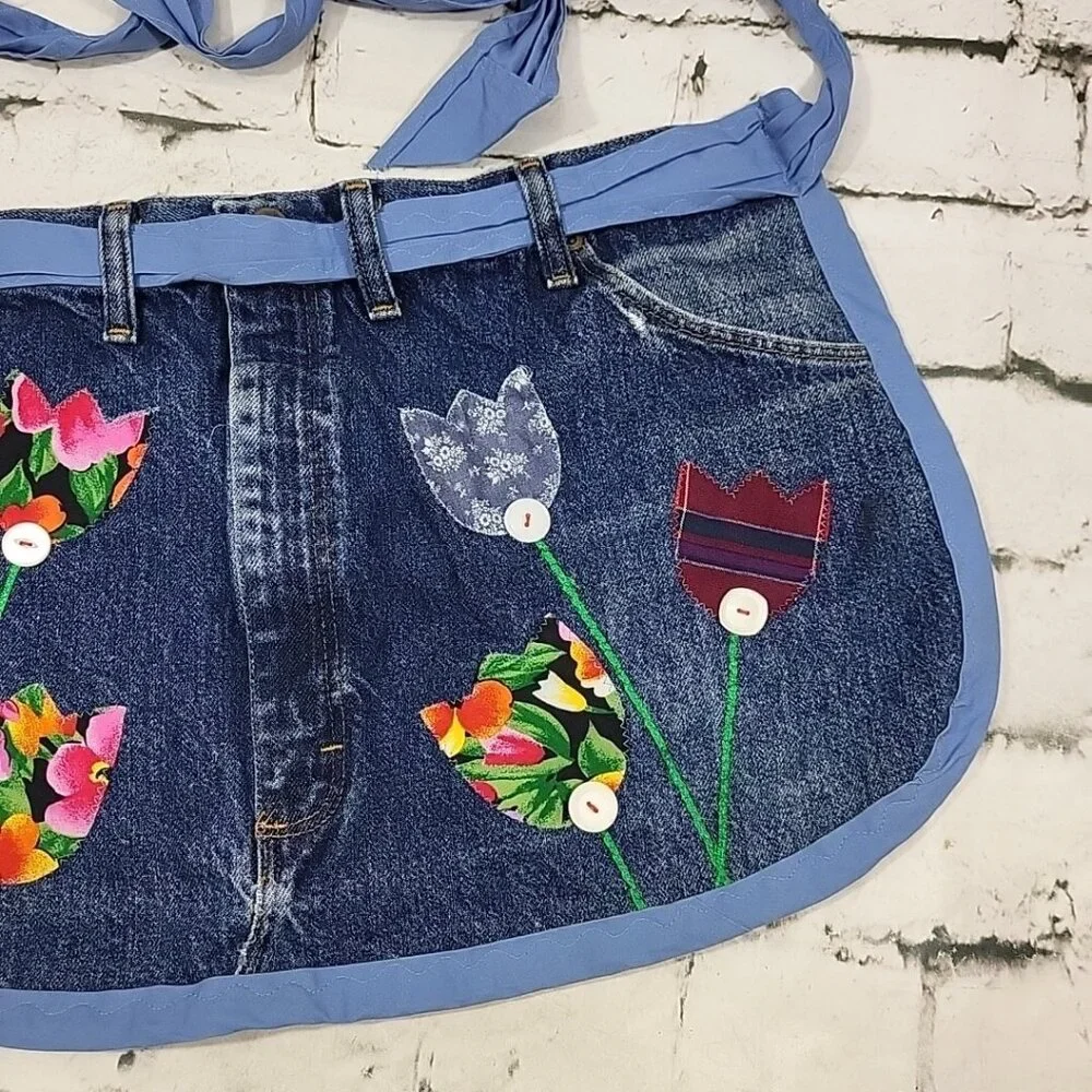 Handmade Denim Half‎ Apron Flower Patchwork Buttons Original By Barbara  VTG